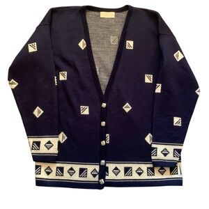 Vintage Pendleton Wool Cardigan Sweater Navy Blue Geometric Made in USA Medium